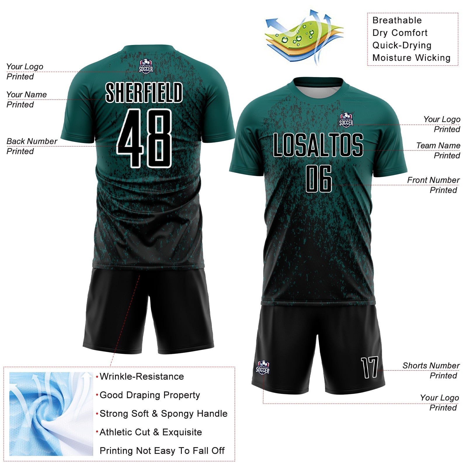 Custom Midnight Green Black-White Abstract Fragment Art Sublimation Soccer Uniform Jersey view 4