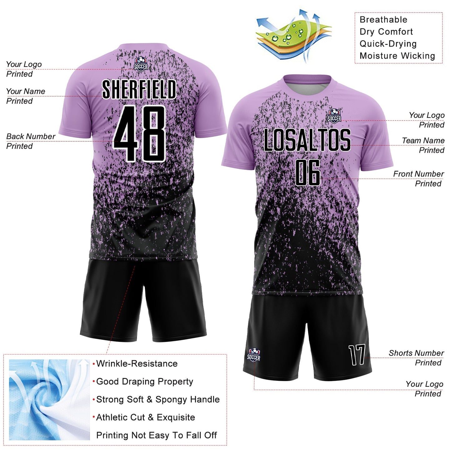 Custom Light Purple Black-White Abstract Fragment Art Sublimation Soccer Uniform Jersey view 4