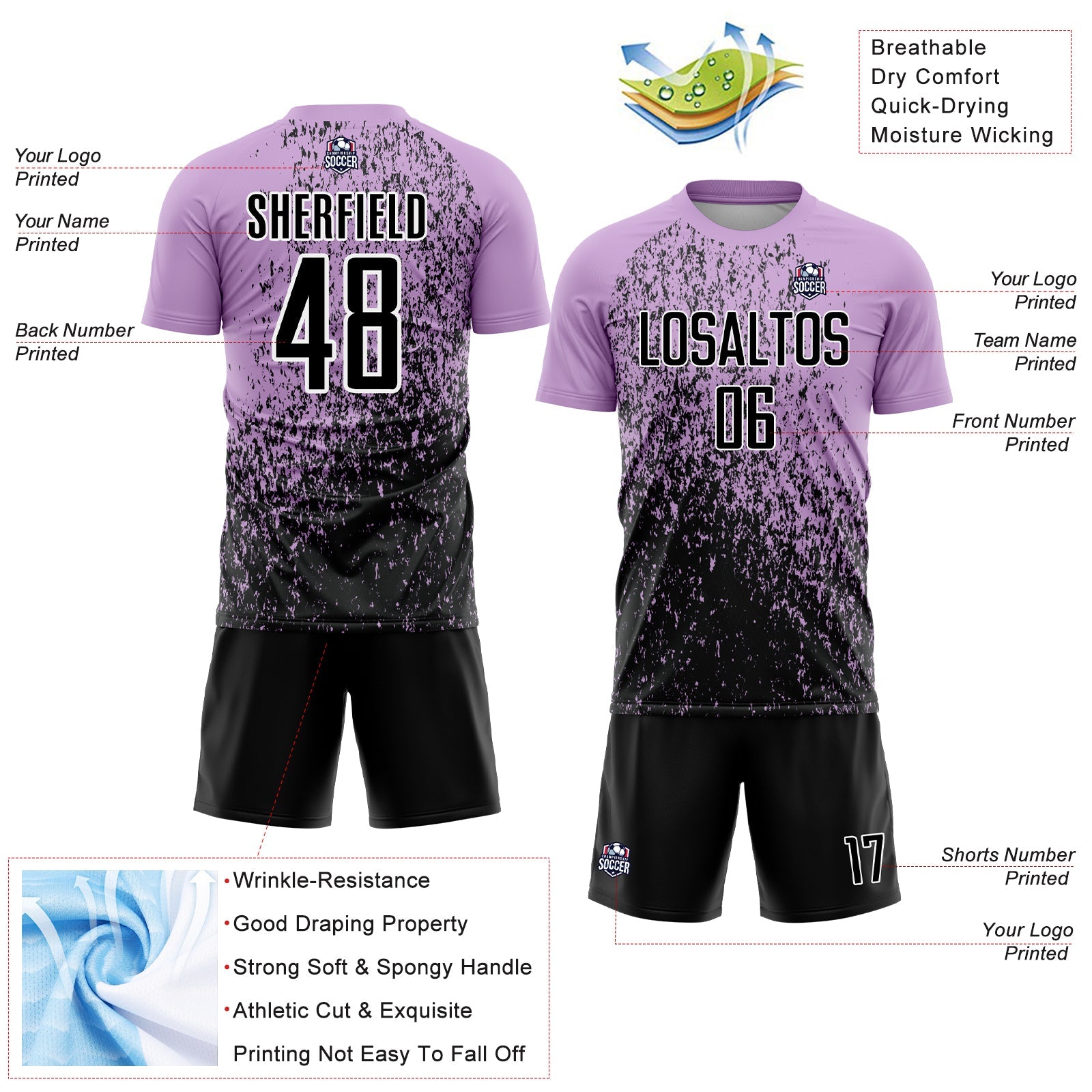 Custom Light Purple Black-White Abstract Fragment Art Sublimation Soccer Uniform Jersey view 4