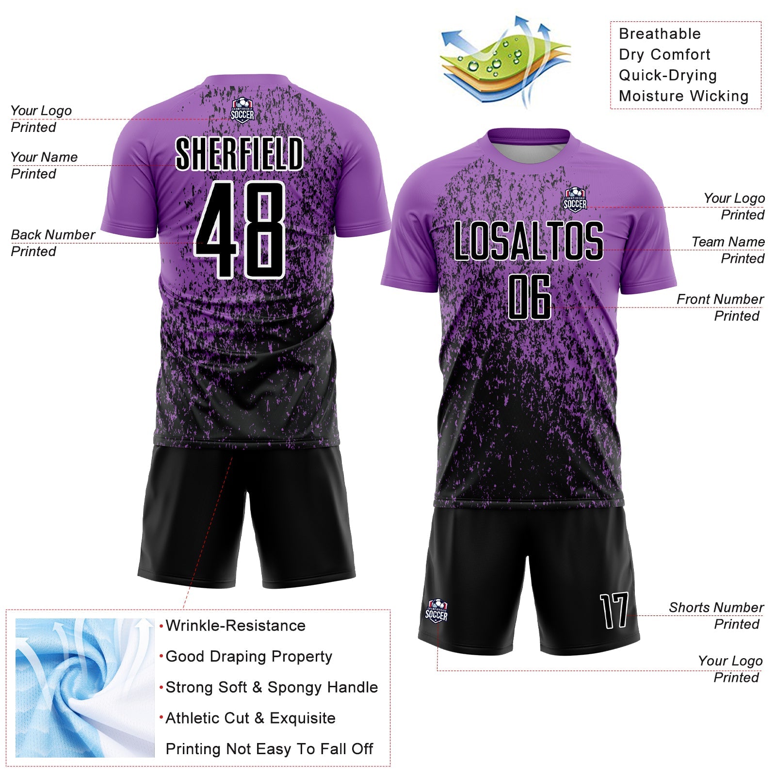 Custom Medium Purple Black-White Abstract Fragment Art Sublimation Soccer Uniform Jersey view 4