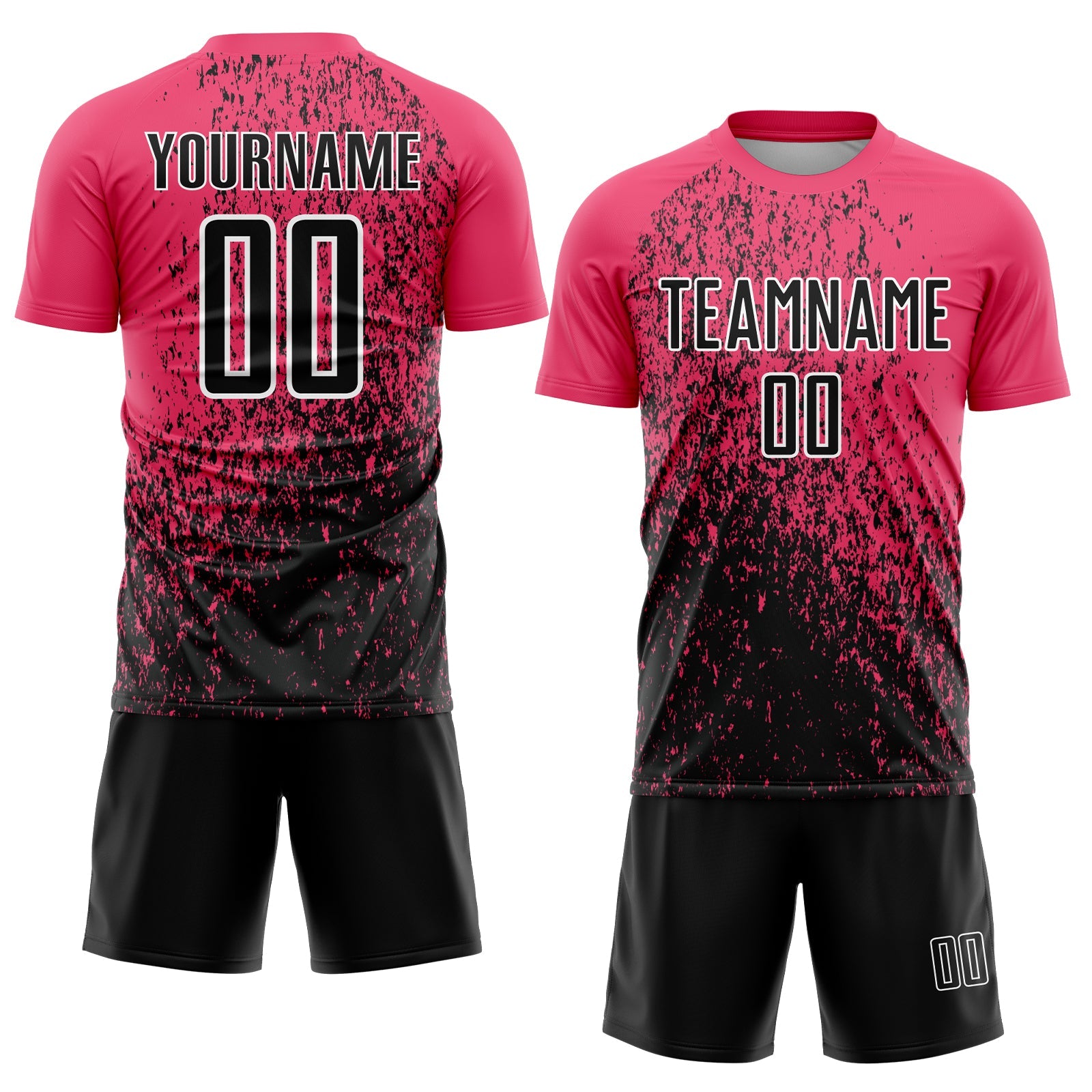 Custom Neon Pink Black-White Abstract Fragment Art Sublimation Soccer Uniform Jersey view 2