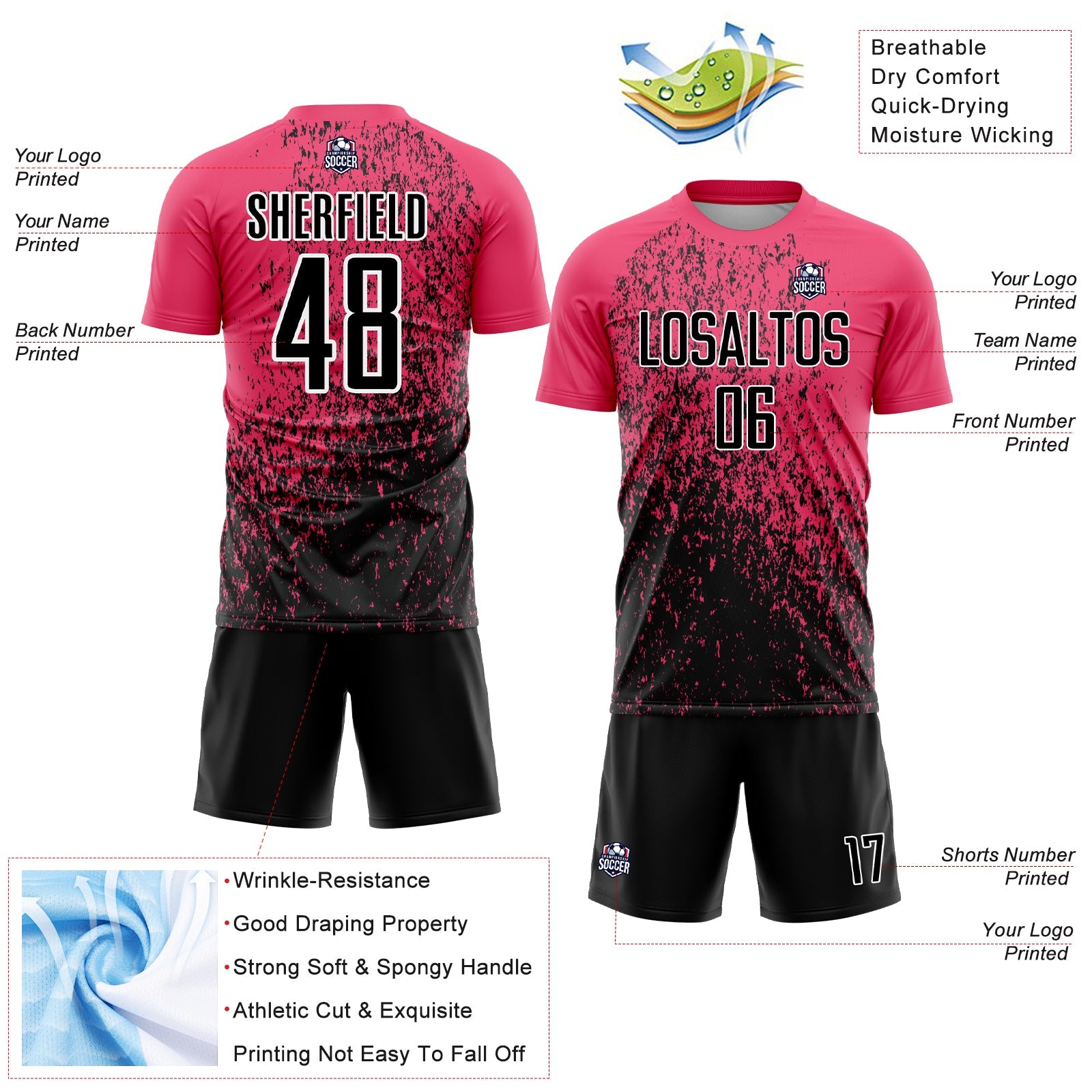 Custom Neon Pink Black-White Abstract Fragment Art Sublimation Soccer Uniform Jersey view 4