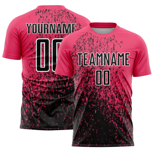 Custom Neon Pink Black-White Abstract Fragment Art Sublimation Soccer Uniform Jersey - Main View