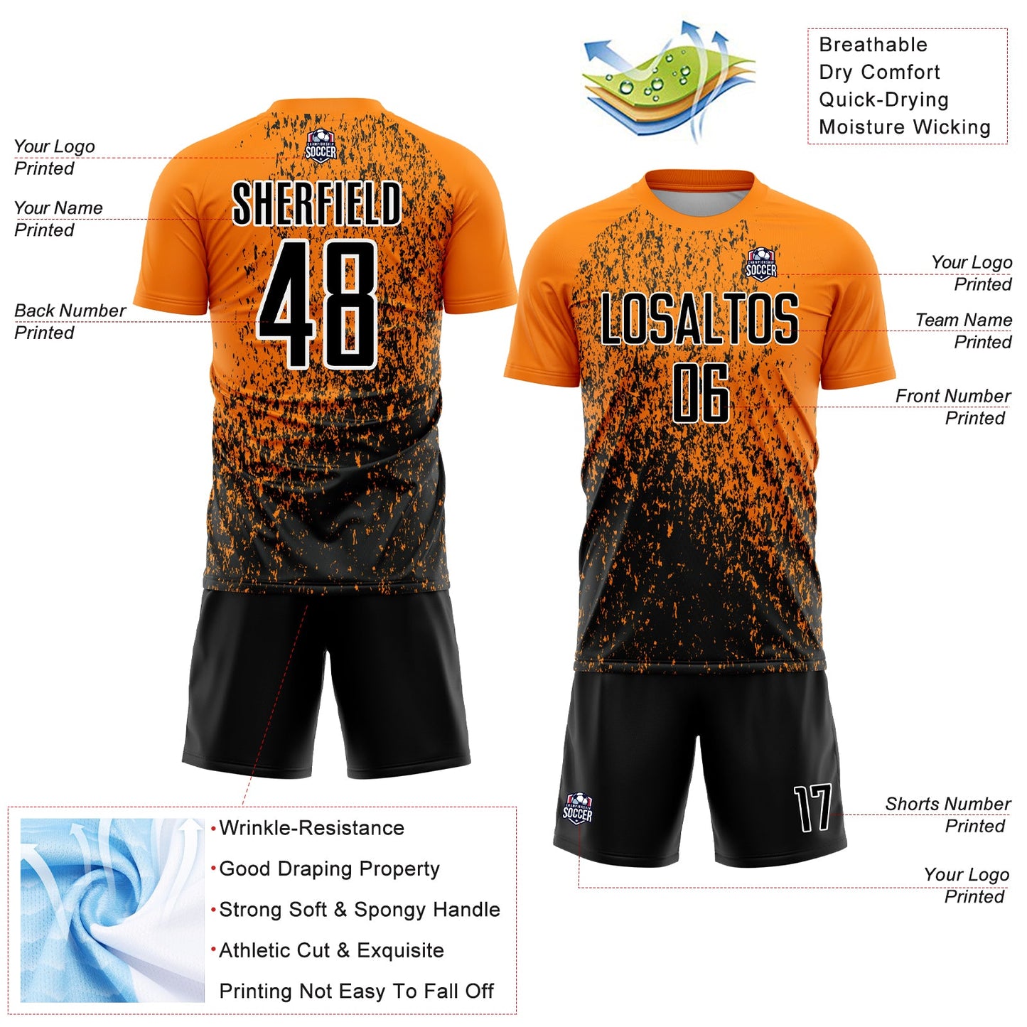 Custom Bay Orange Black-White Abstract Fragment Art Sublimation Soccer Uniform Jersey view 4