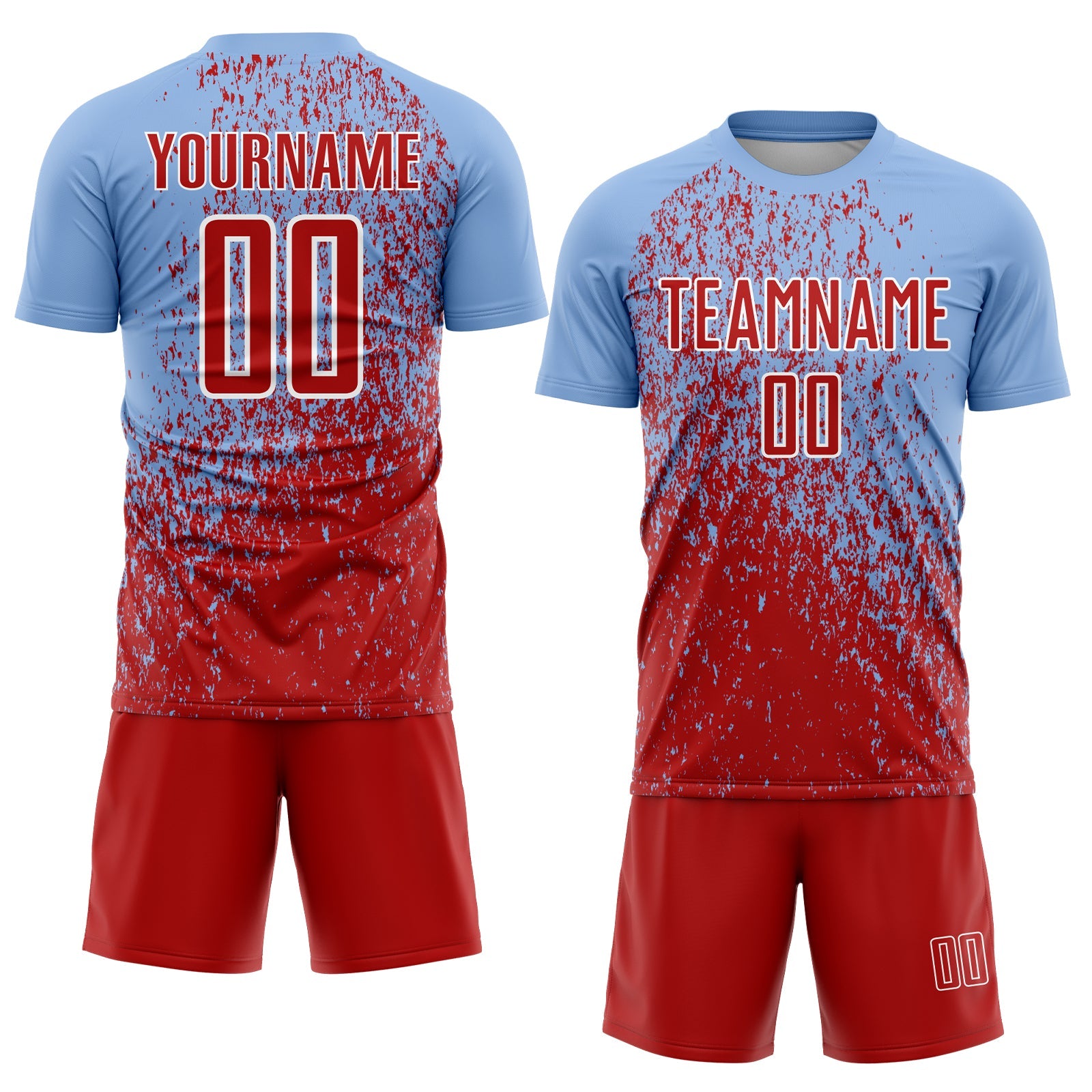 Custom Light Blue Red-White Abstract Fragment Art Sublimation Soccer Uniform Jersey view 2