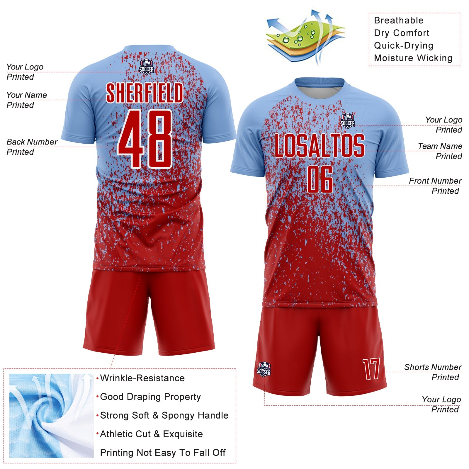 Custom Light Blue Red-White Abstract Fragment Art Sublimation Soccer Uniform Jersey view 4