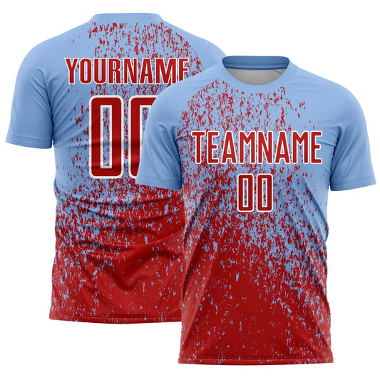Custom Light Blue Red-White Abstract Fragment Art Sublimation Soccer Uniform Jersey - Main View