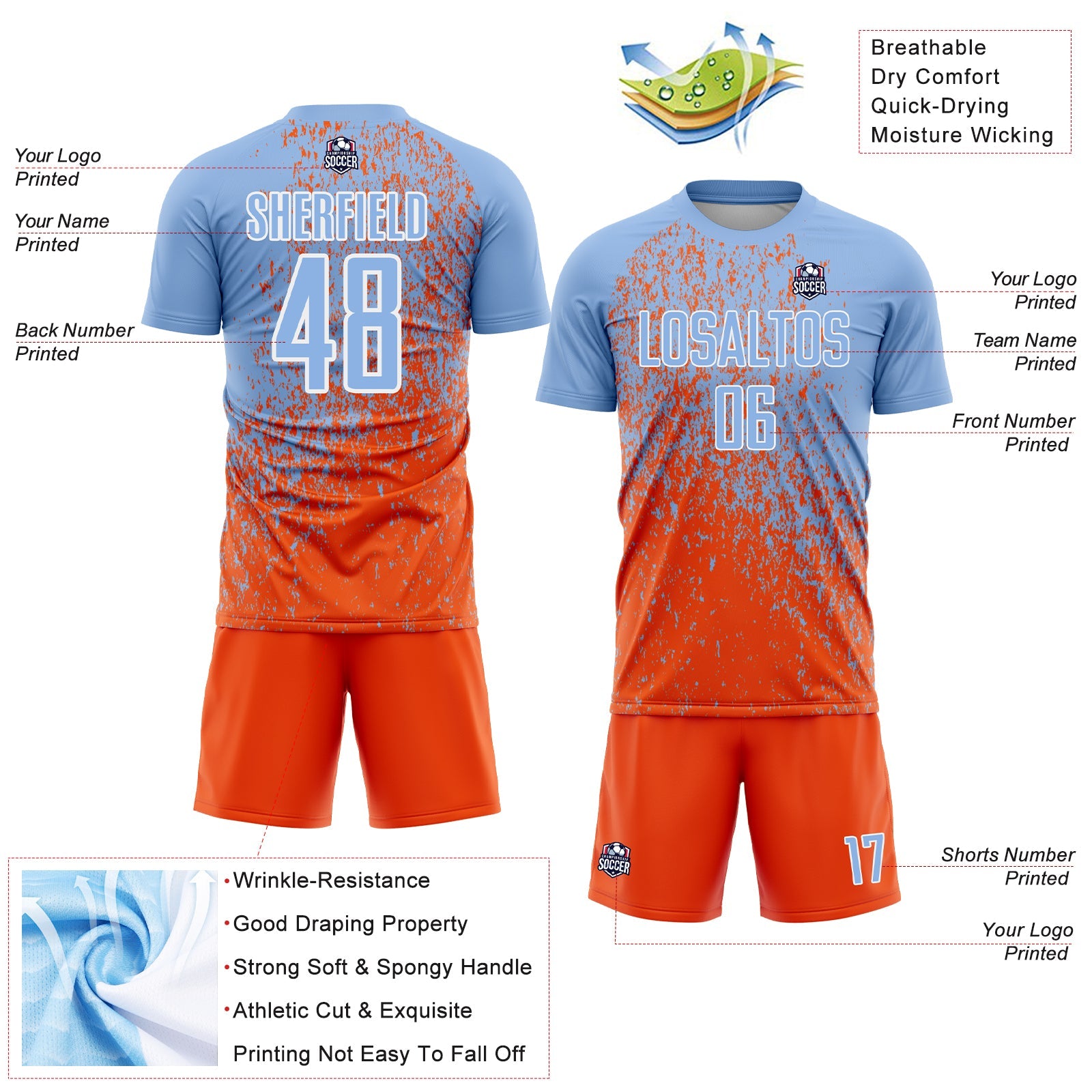 Custom Light Blue Orange-White Abstract Fragment Art Sublimation Soccer Uniform Jersey view 4