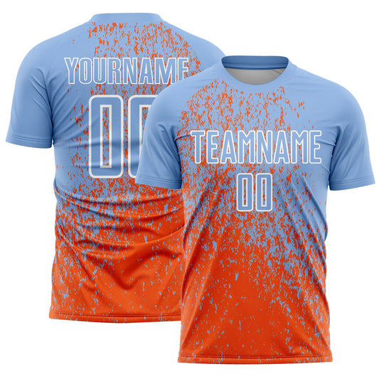 Custom Light Blue Orange-White Abstract Fragment Art Sublimation Soccer Uniform Jersey - Main View