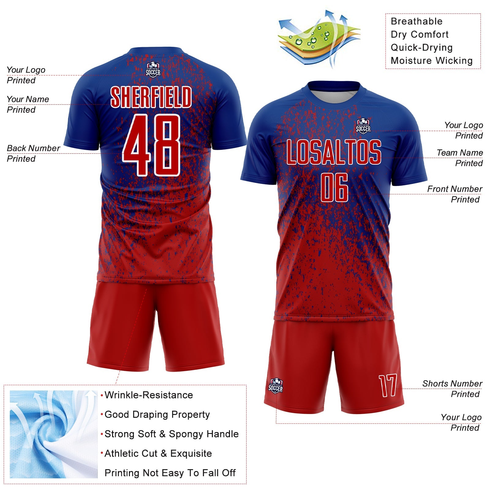 Custom Royal Red-White Abstract Fragment Art Sublimation Soccer Uniform Jersey view 4