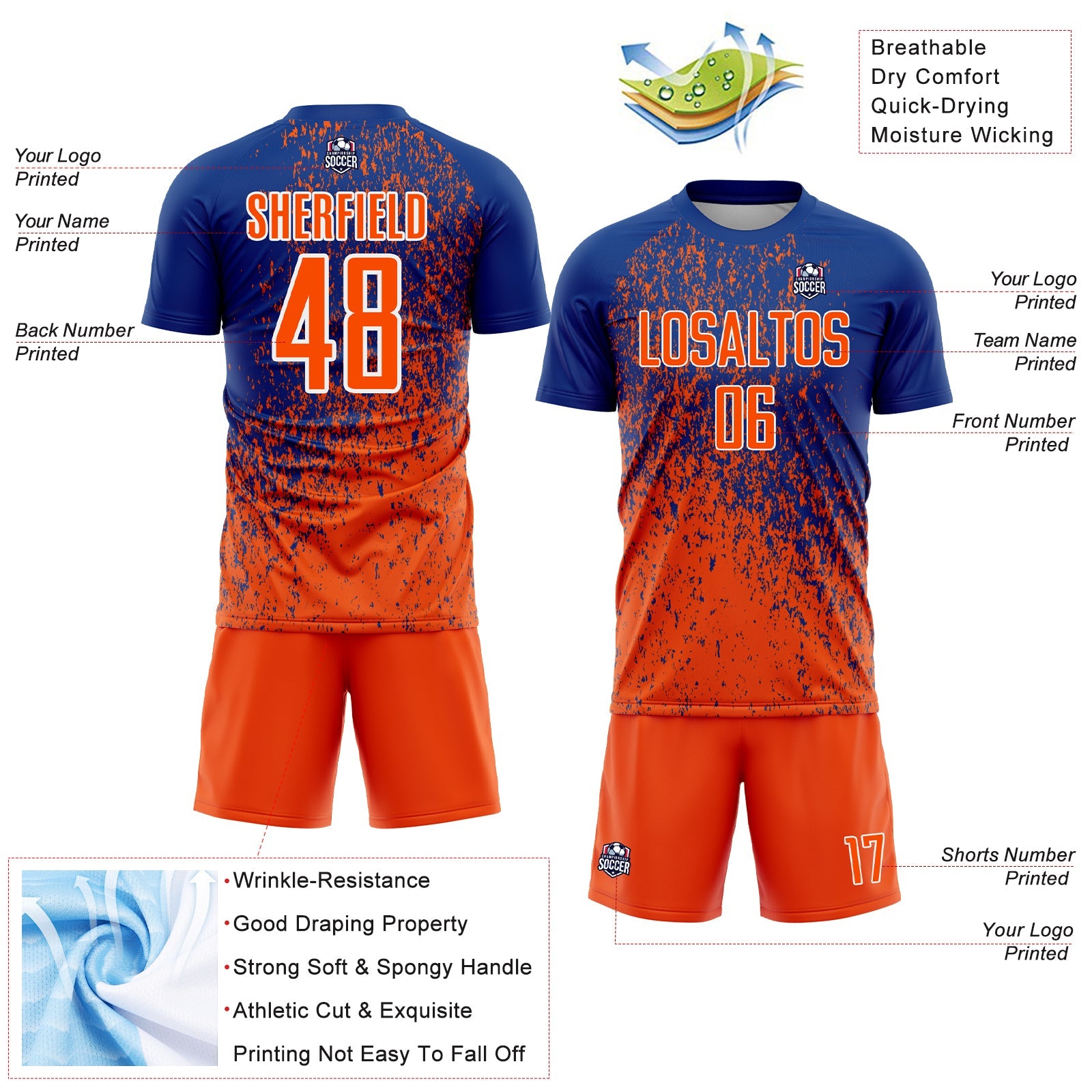 Custom Royal Orange-White Abstract Fragment Art Sublimation Soccer Uniform Jersey view 4