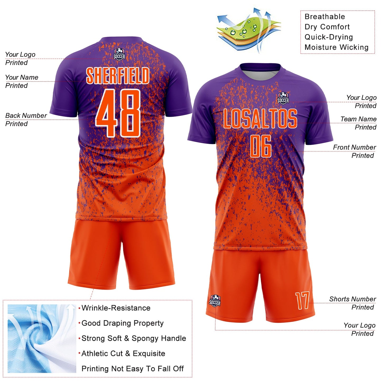 Custom Purple Orange-White Abstract Fragment Art Sublimation Soccer Uniform Jersey view 4