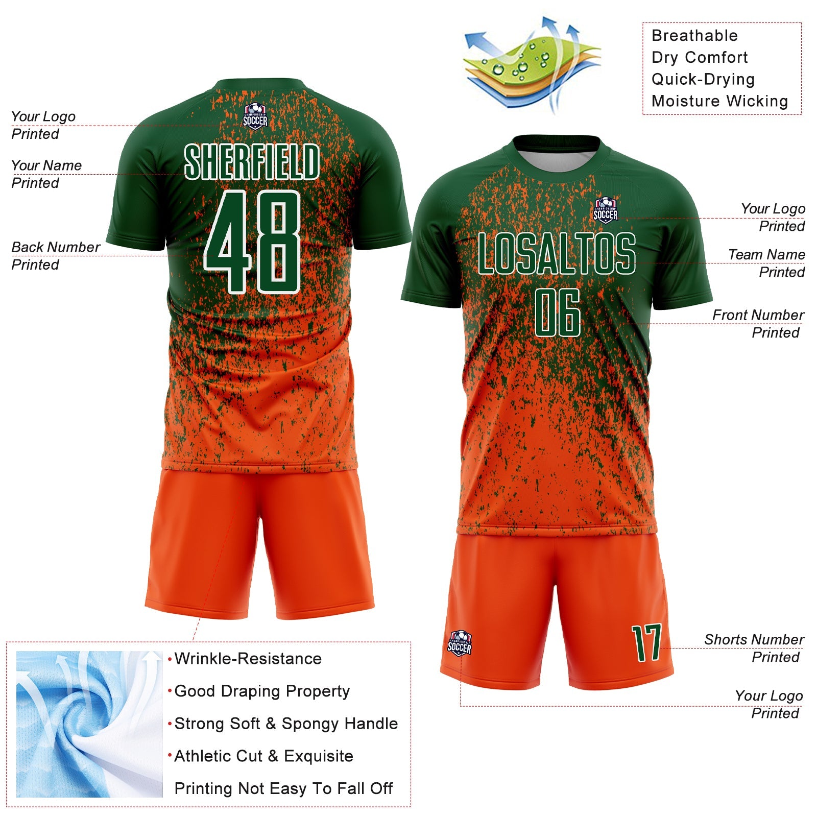 Custom Green Orange-White Abstract Fragment Art Sublimation Soccer Uniform Jersey view 4