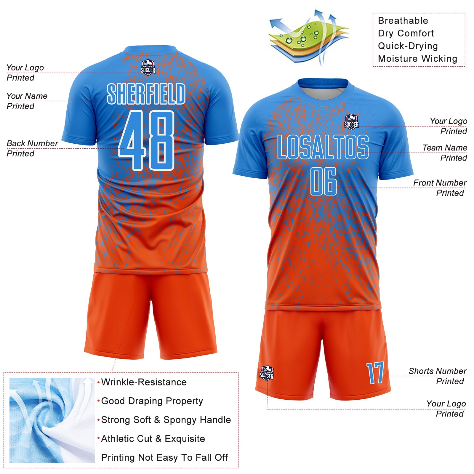 Custom Powder Blue Orange-White Abstract Fragment Art Sublimation Soccer Uniform Jersey view 4