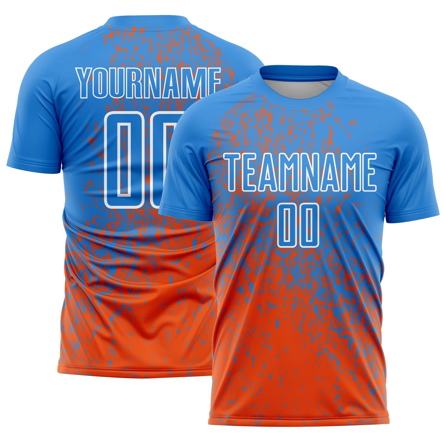 Custom Powder Blue Orange-White Abstract Fragment Art Sublimation Soccer Uniform Jersey - Main View