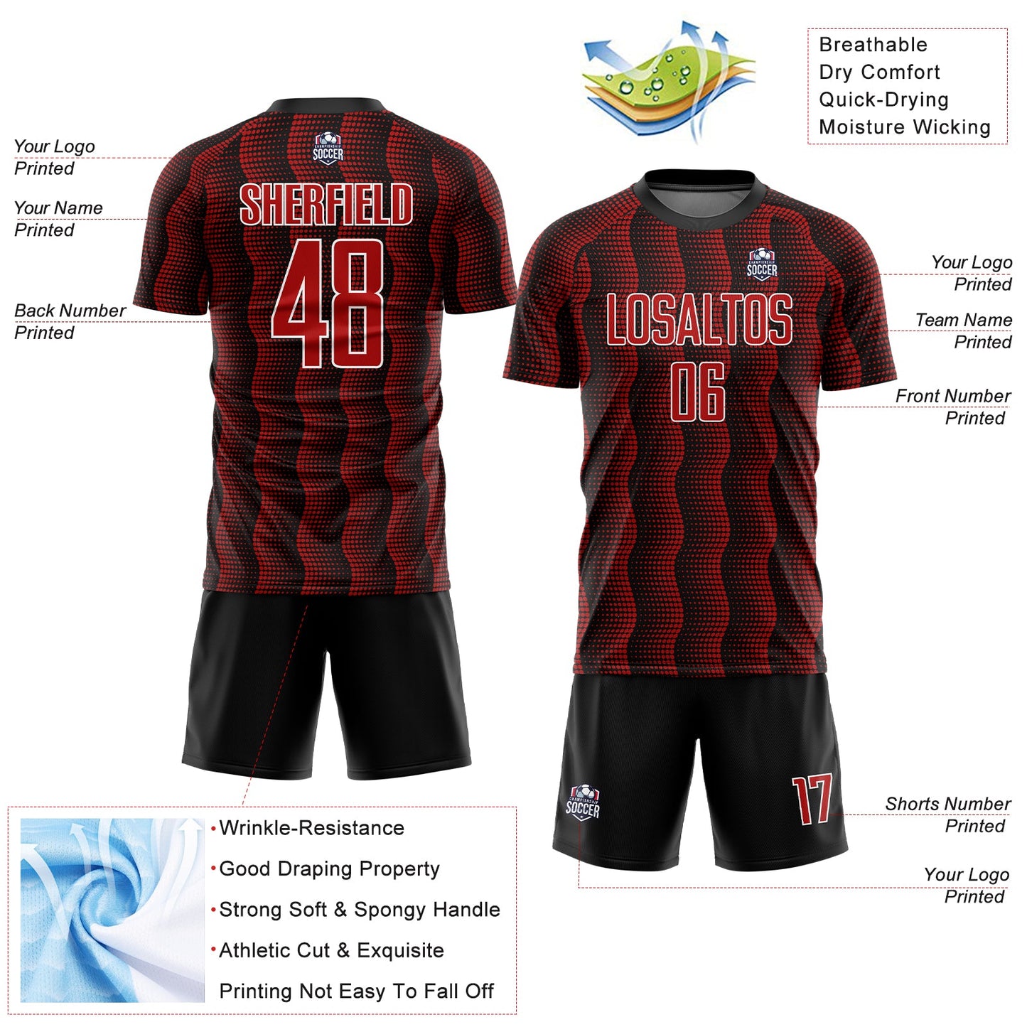 Custom Black Red-White Geometric Shape Sublimation Soccer Uniform Jersey view 4