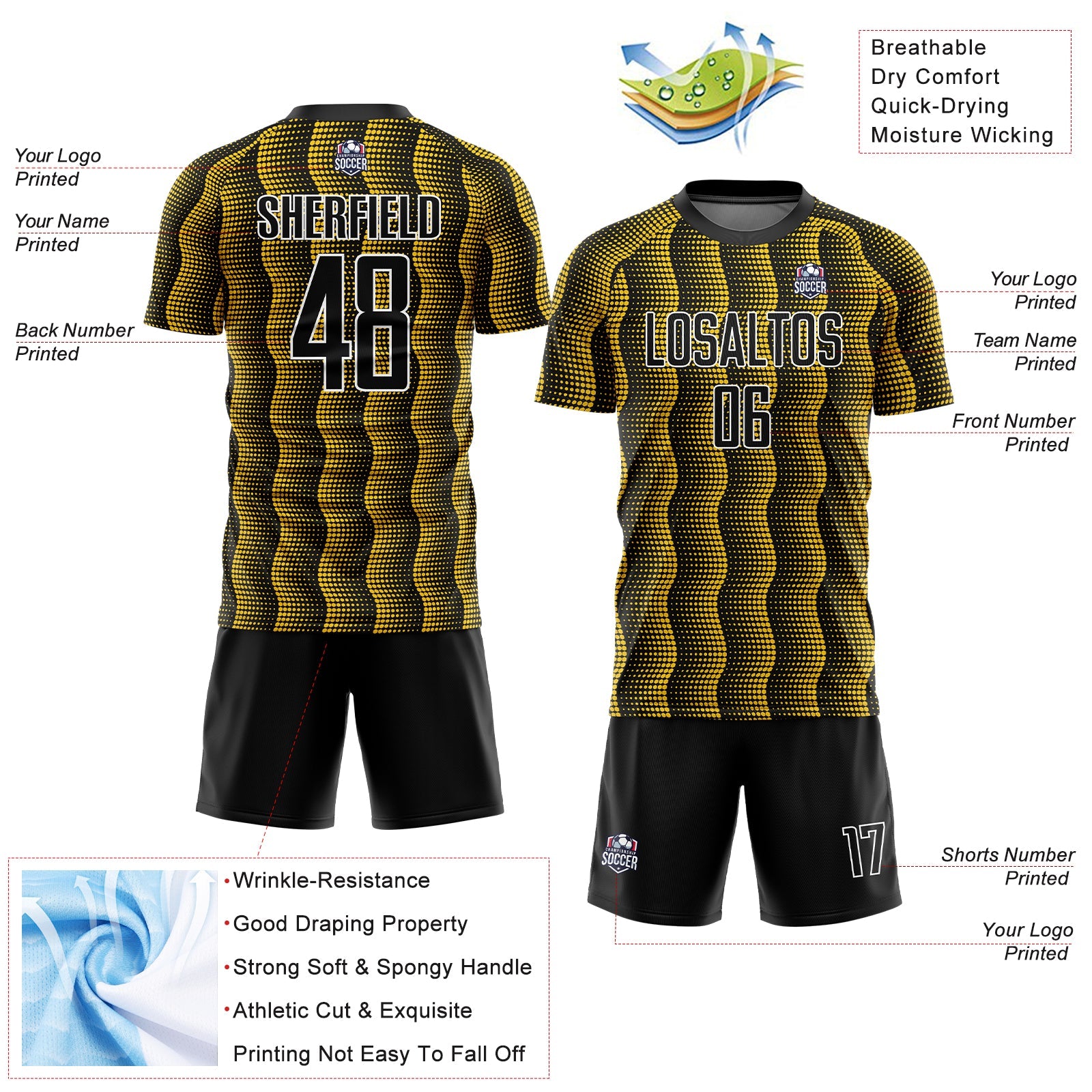 Custom Black Yellow-White Geometric Shape Sublimation Soccer Uniform Jersey view 4