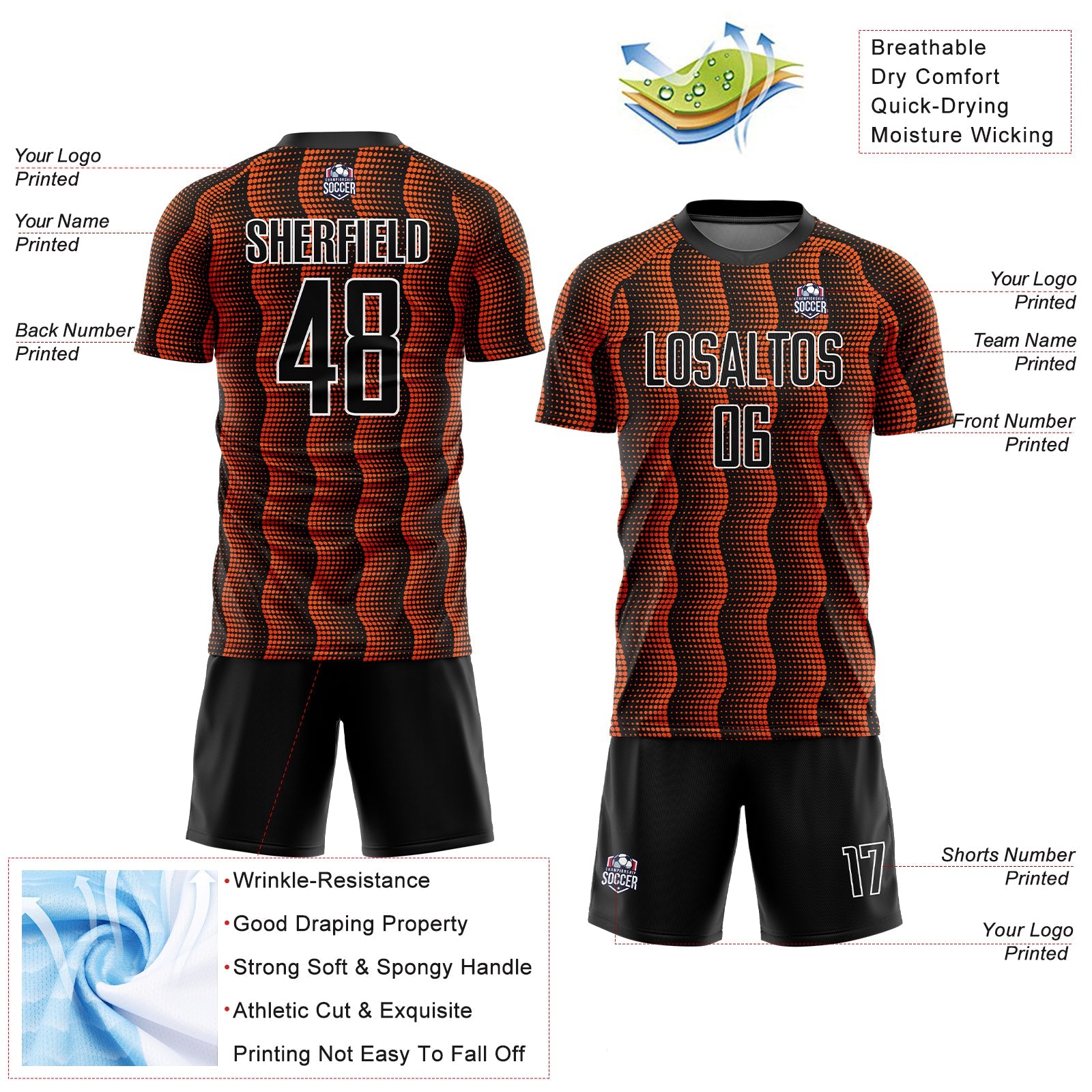Custom Black Orange-White Geometric Shape Sublimation Soccer Uniform Jersey view 4