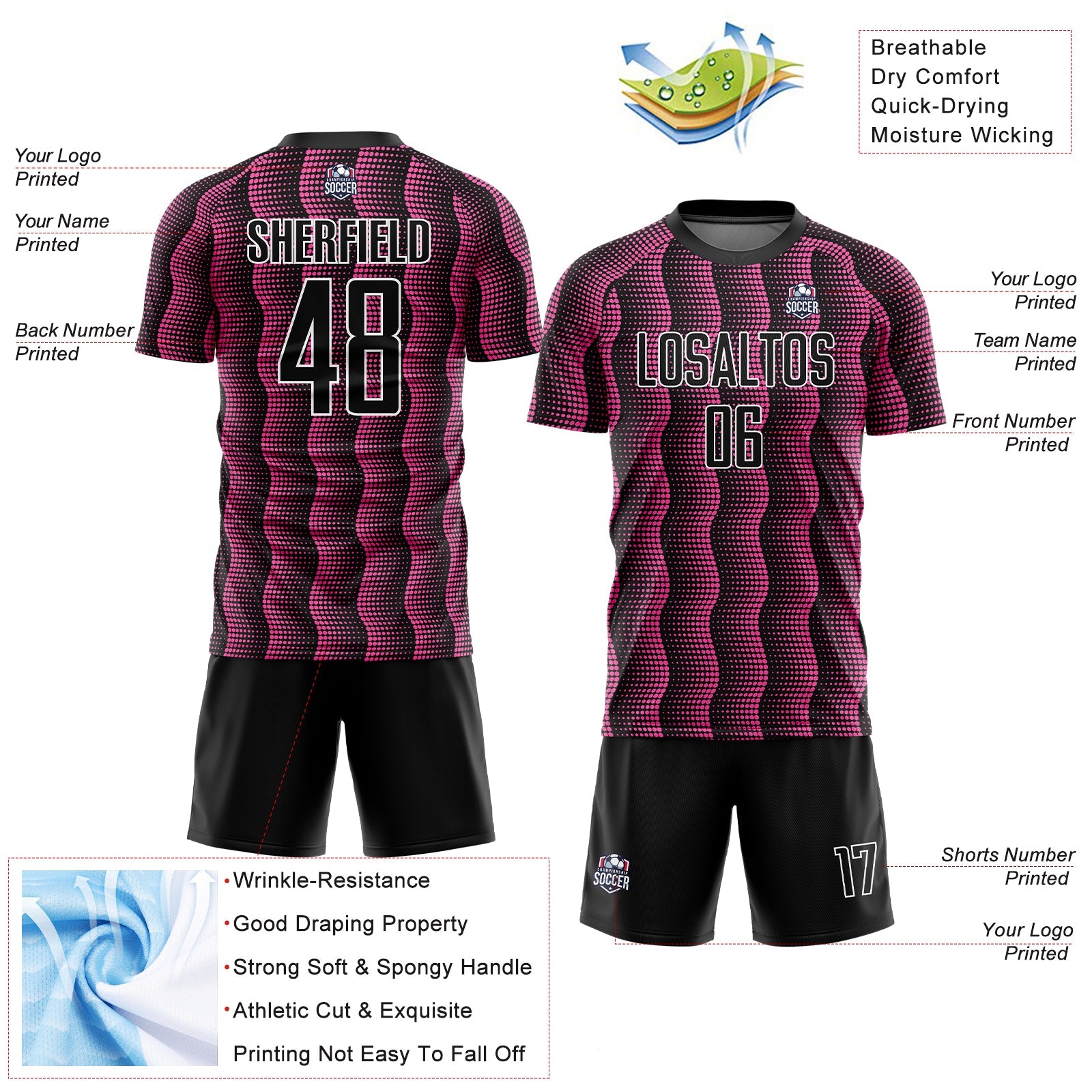 Custom Black Pink-White Geometric Shape Sublimation Soccer Uniform Jersey view 4
