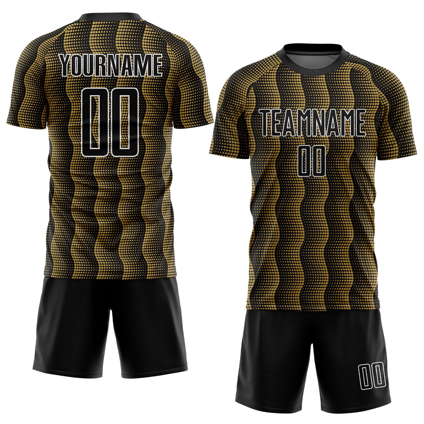 Custom Black Old Gold-White Geometric Shape Sublimation Soccer Uniform Jersey view 2