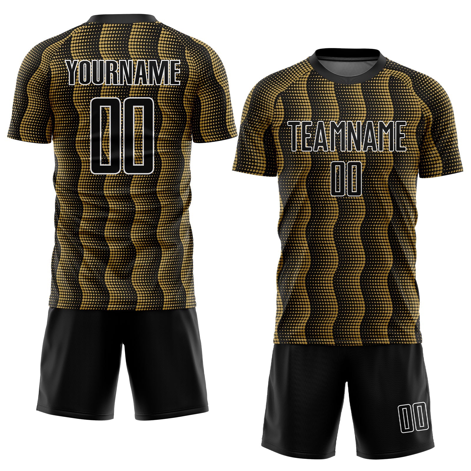 Custom Black Old Gold-White Geometric Shape Sublimation Soccer Uniform Jersey view 2