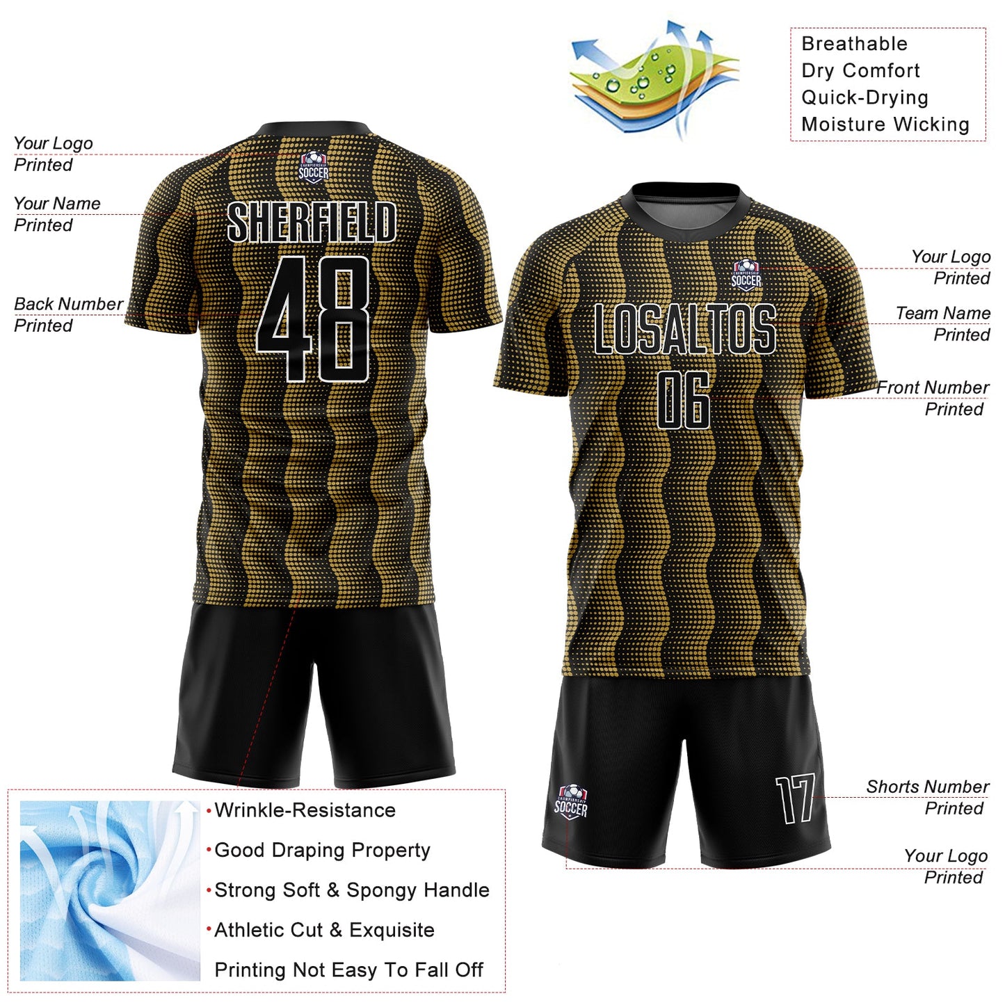 Custom Black Old Gold-White Geometric Shape Sublimation Soccer Uniform Jersey view 4