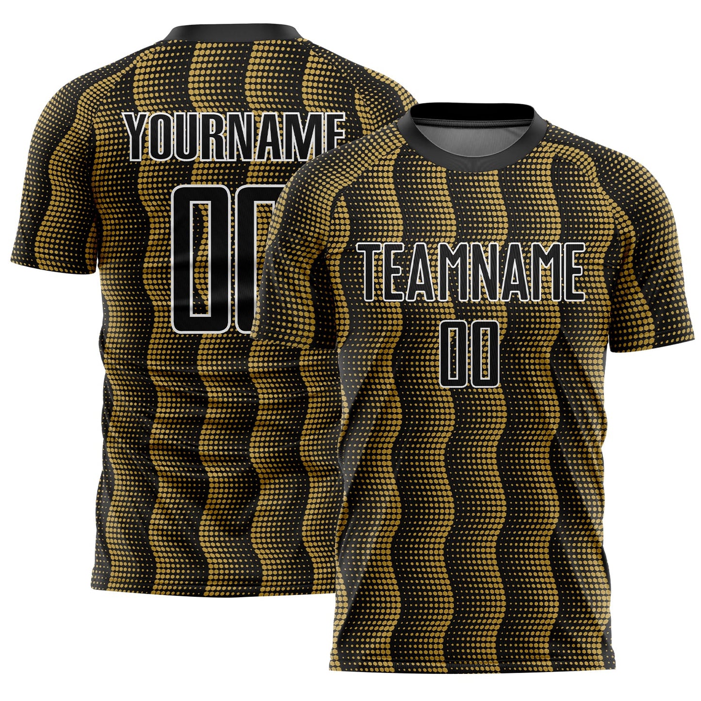Custom Black Old Gold-White Geometric Shape Sublimation Soccer Uniform Jersey - Main View