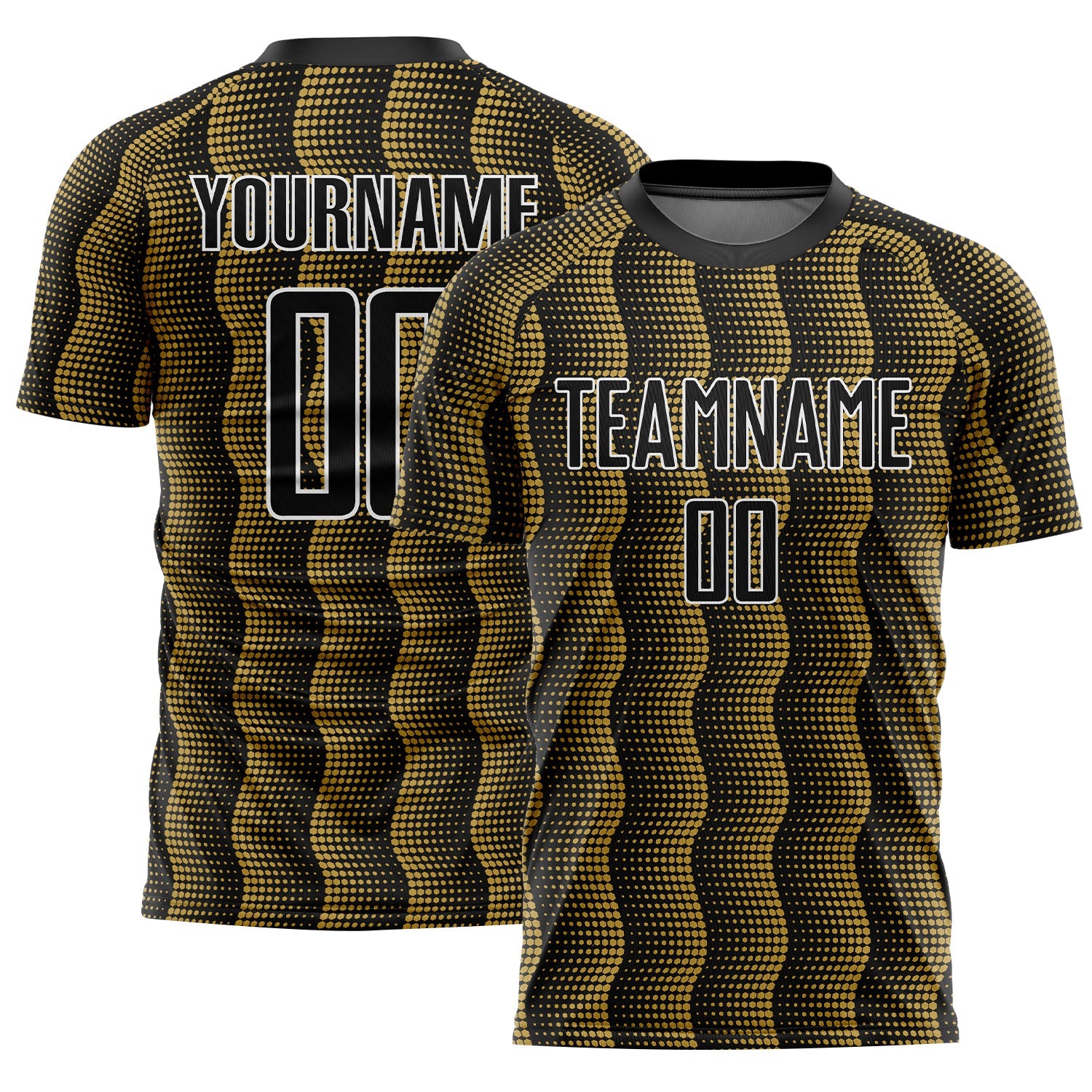 Custom Black Old Gold-White Geometric Shape Sublimation Soccer Uniform Jersey - Main View