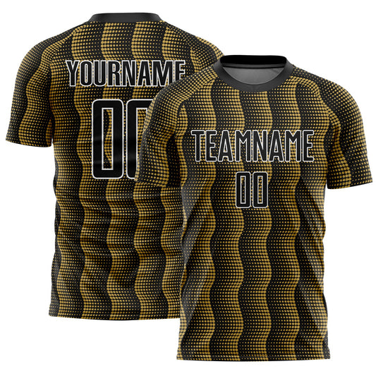 Custom Black Old Gold-White Geometric Shape Sublimation Soccer Uniform Jersey - Main View