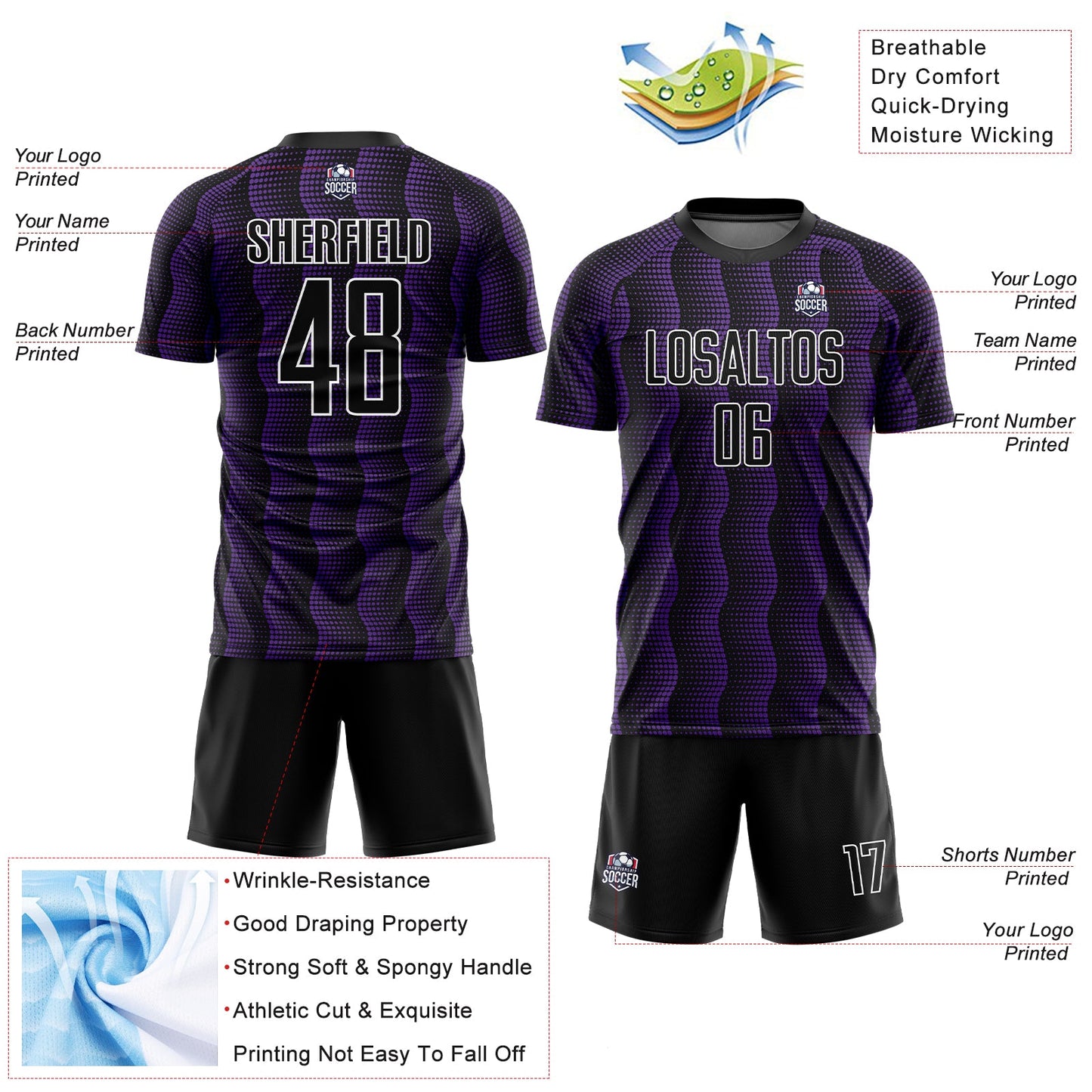 Custom Black Purple-White Geometric Shape Sublimation Soccer Uniform Jersey view 4