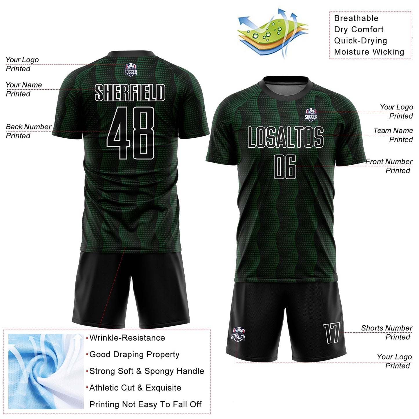 Custom Black Green-White Geometric Shape Sublimation Soccer Uniform Jersey view 4