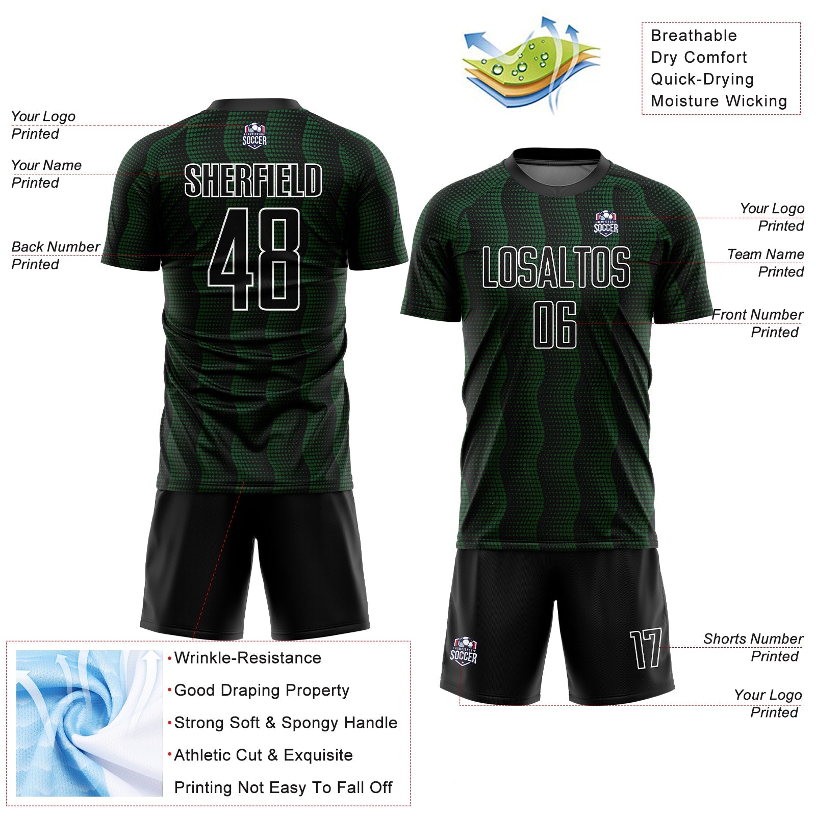 Custom Black Green-White Geometric Shape Sublimation Soccer Uniform Jersey view 4
