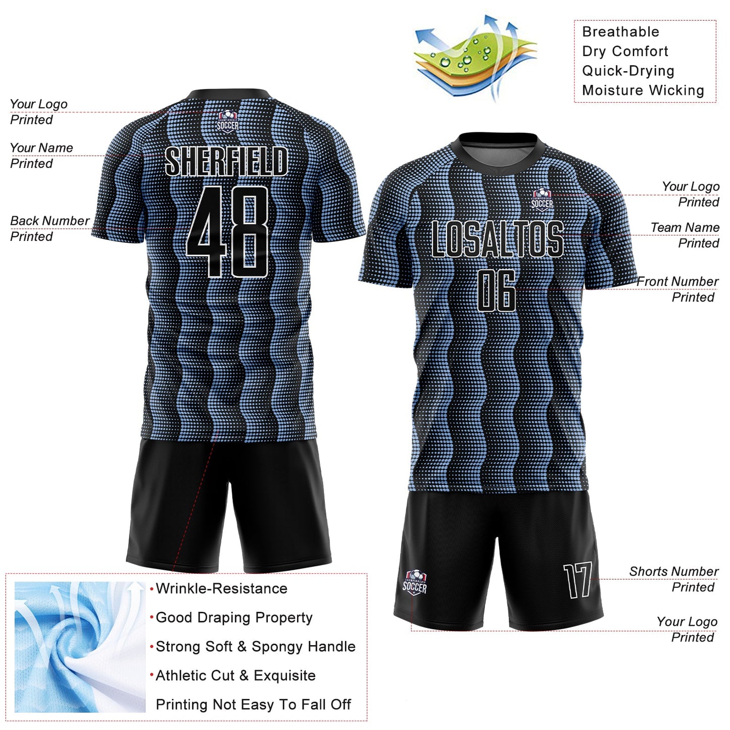Custom Black Light Blue-White Geometric Shape Sublimation Soccer Uniform Jersey view 4