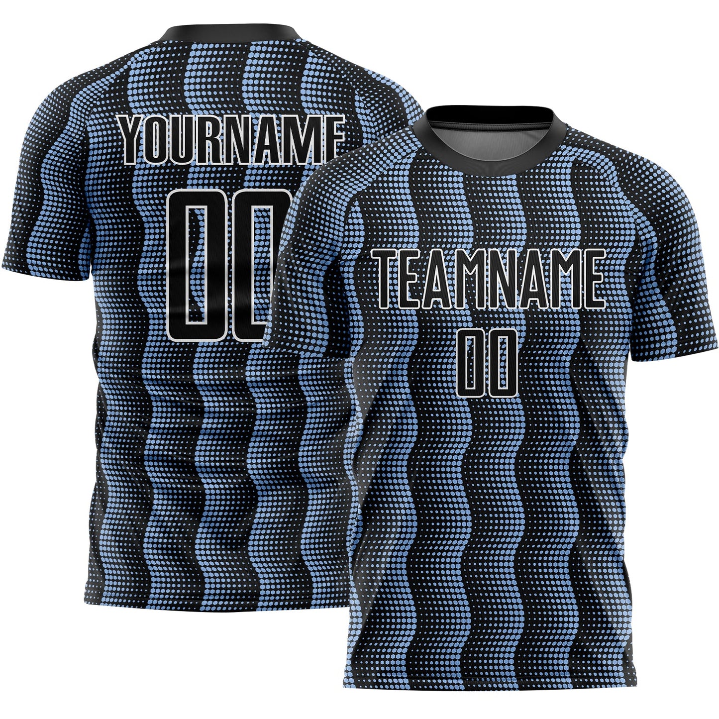 Custom Black Light Blue-White Geometric Shape Sublimation Soccer Uniform Jersey - Main View