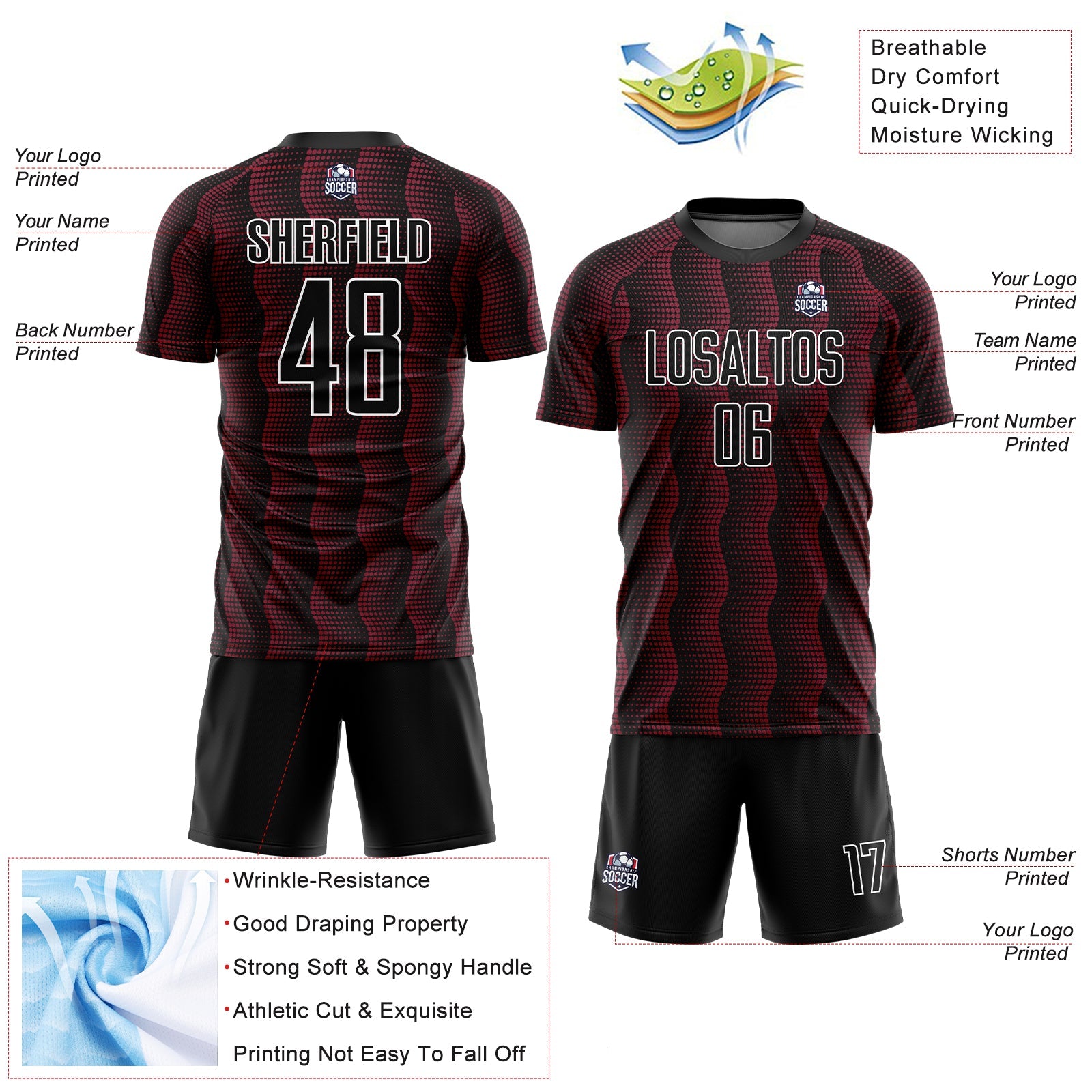 Custom Black Crimson-White Geometric Shape Sublimation Soccer Uniform Jersey view 4