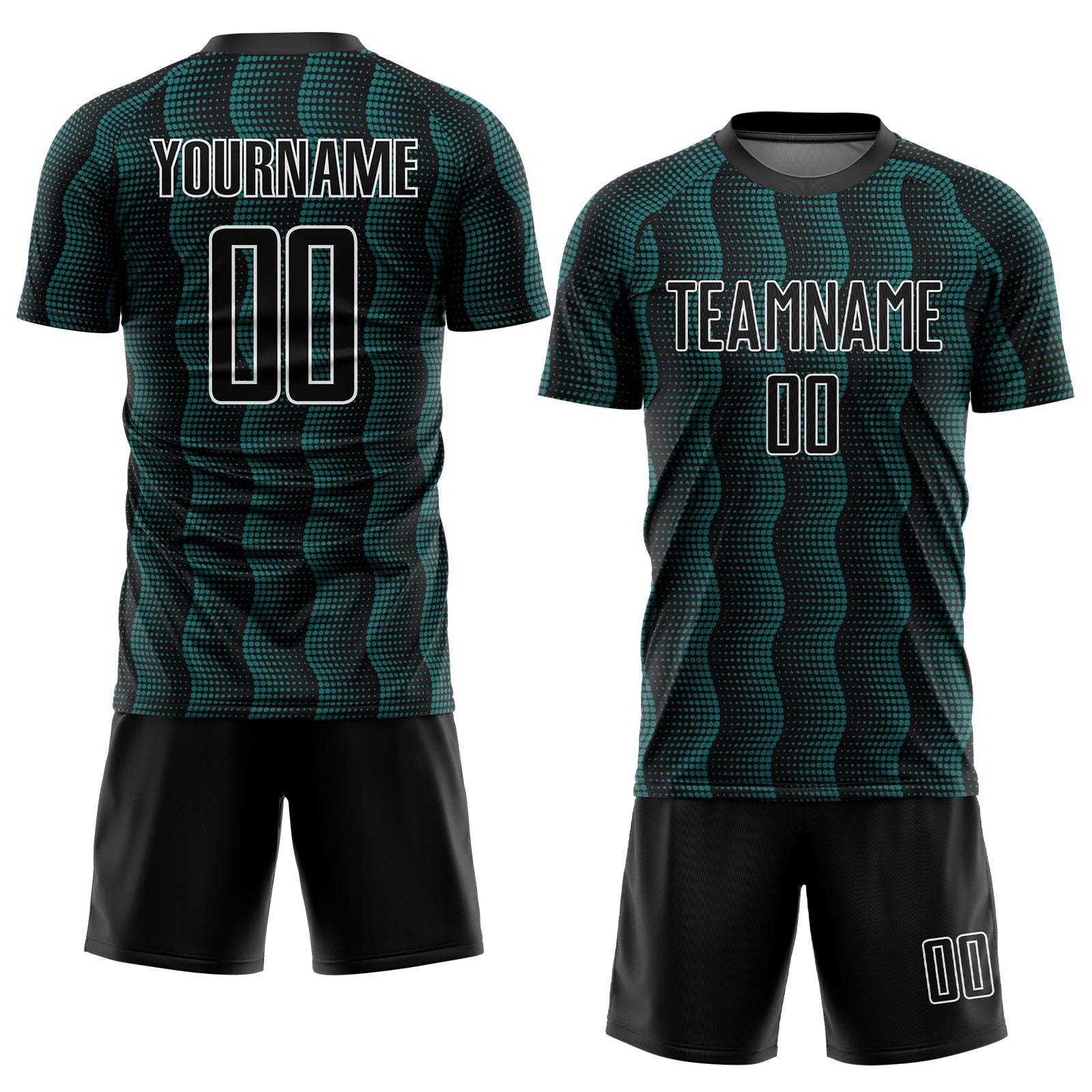 Custom Black Teal-White Geometric Shape Sublimation Soccer Uniform Jersey view 2