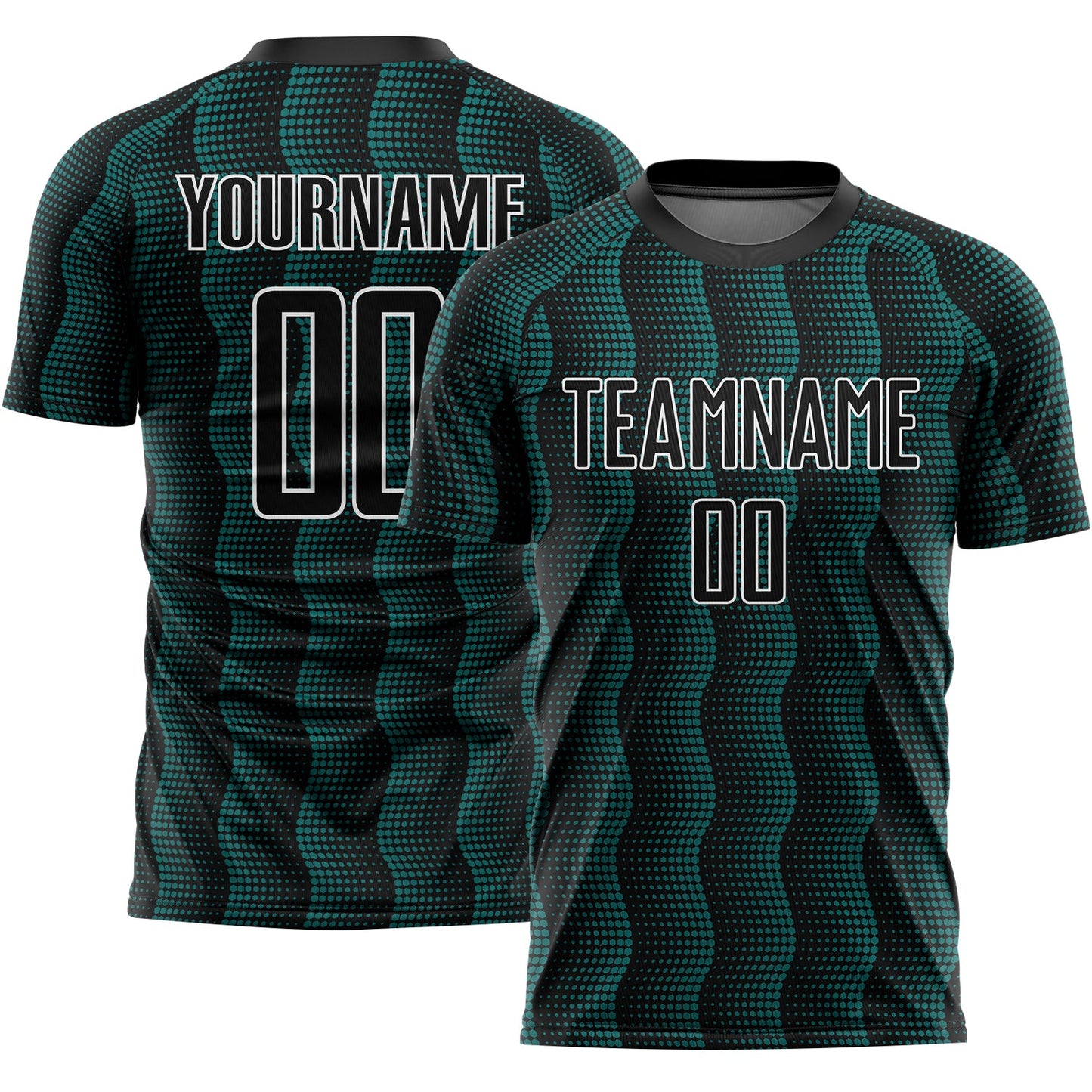 Custom Black Teal-White Geometric Shape Sublimation Soccer Uniform Jersey - Main View