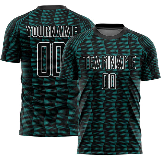 Custom Black Teal-White Geometric Shape Sublimation Soccer Uniform Jersey - Main View