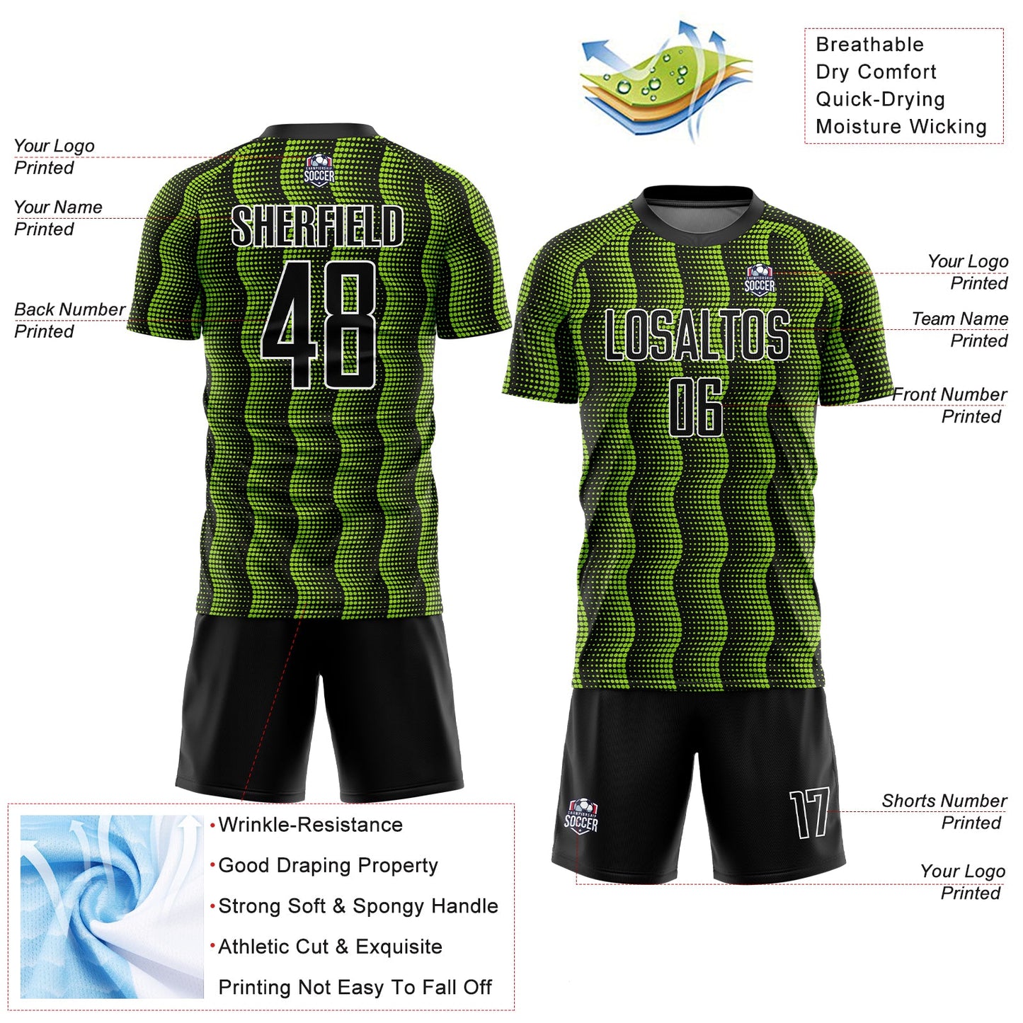 Custom Black Neon Green-White Geometric Shape Sublimation Soccer Uniform Jersey view 4