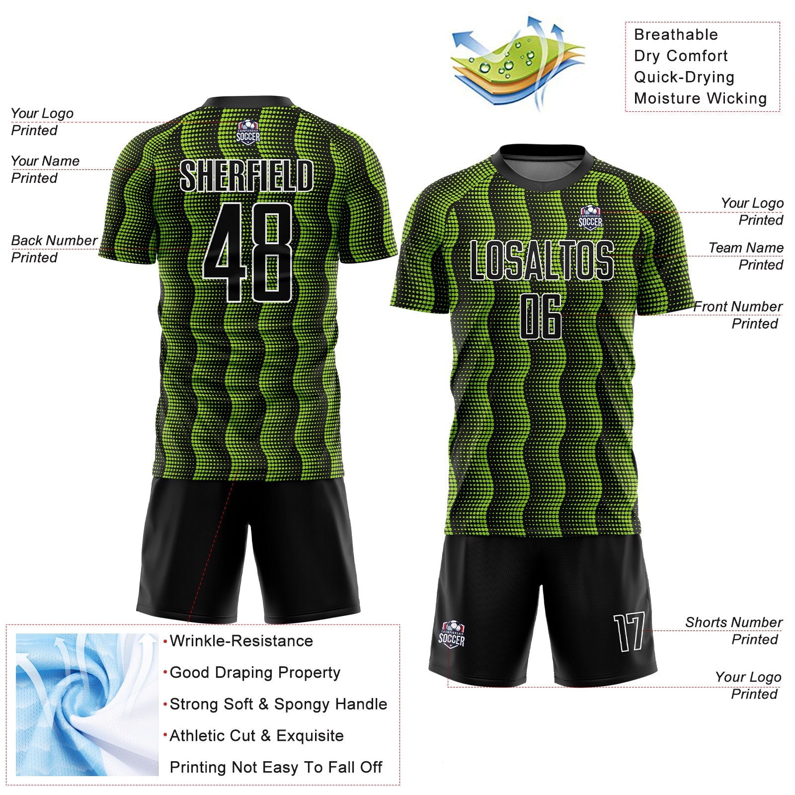Custom Black Neon Green-White Geometric Shape Sublimation Soccer Uniform Jersey view 4