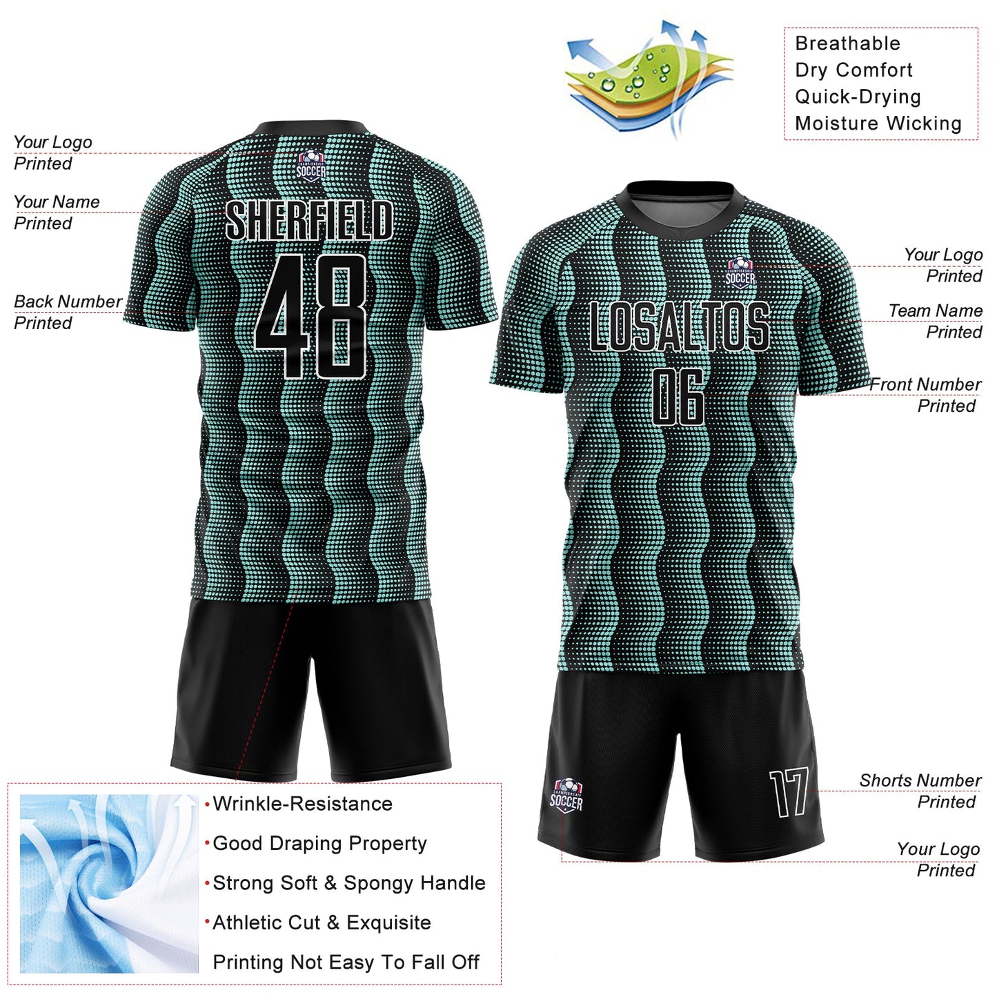 Custom Black Ice Blue-White Geometric Shape Sublimation Soccer Uniform Jersey view 4