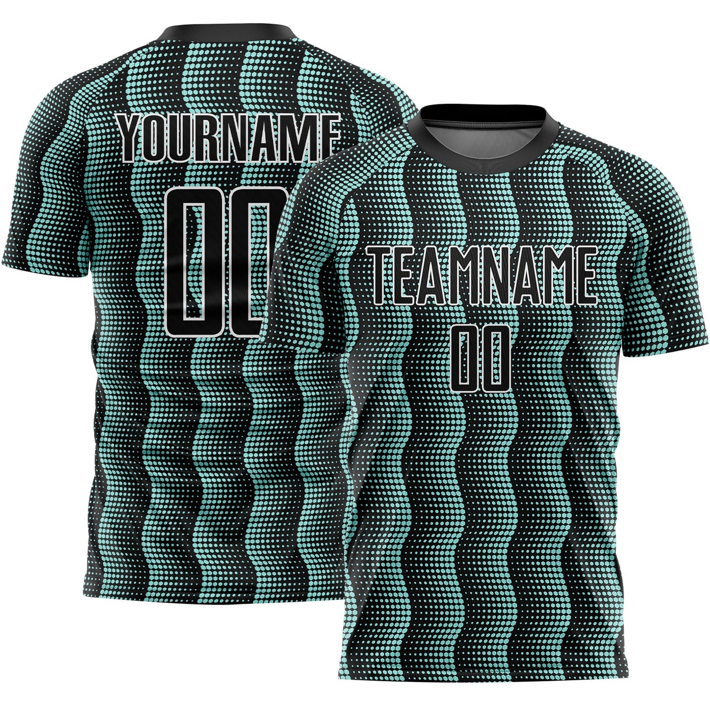Custom Black Ice Blue-White Geometric Shape Sublimation Soccer Uniform Jersey - Main View