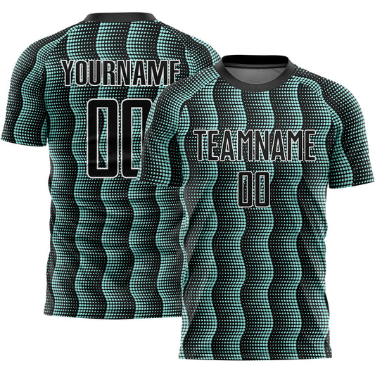 Custom Black Ice Blue-White Geometric Shape Sublimation Soccer Uniform Jersey - Main View