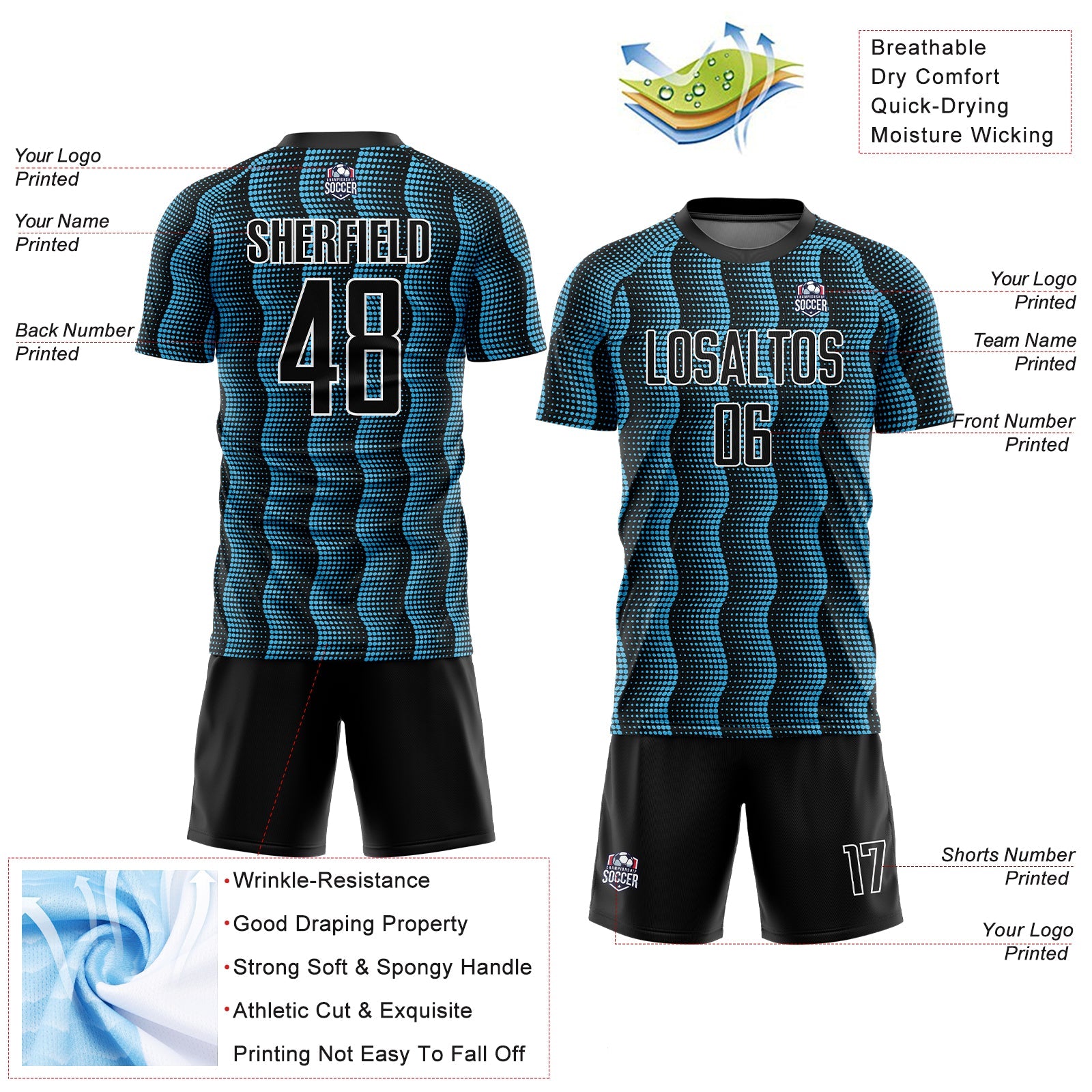 Custom Black Sky Blue-White Geometric Shape Sublimation Soccer Uniform Jersey view 4