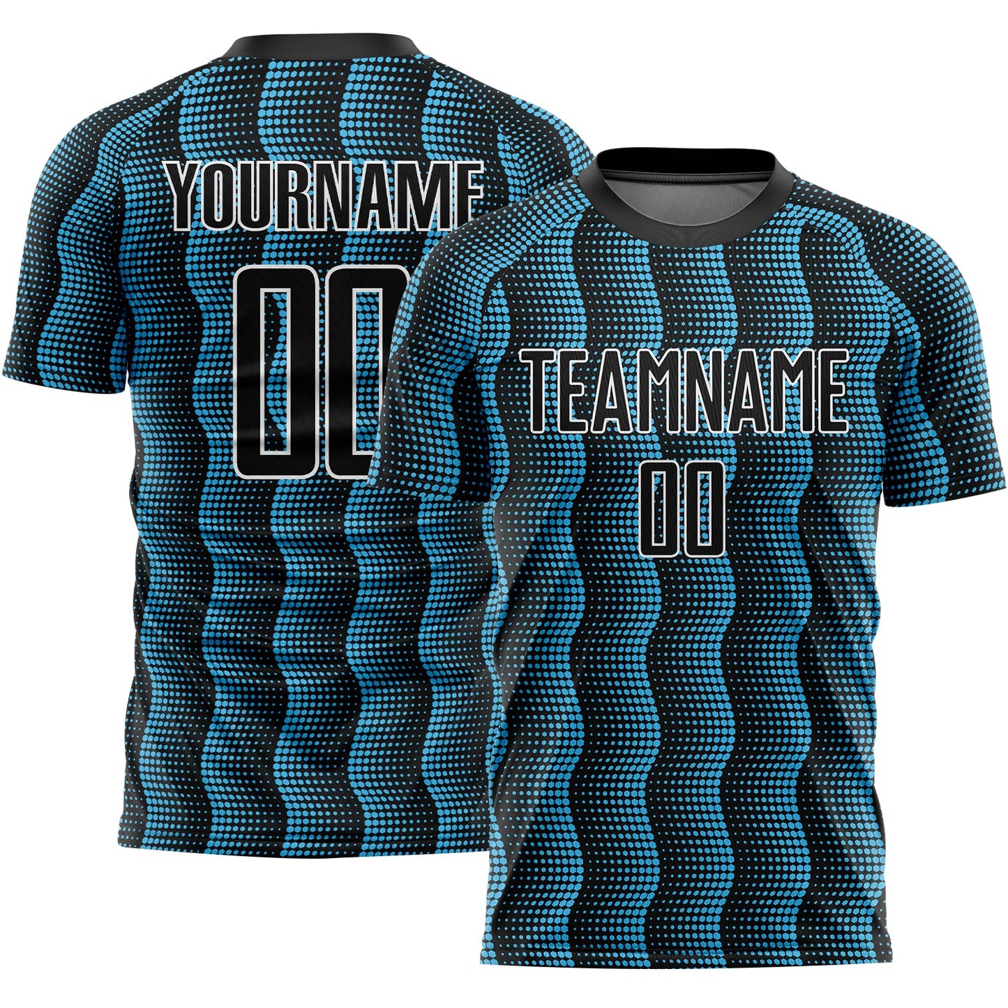 Custom Black Sky Blue-White Geometric Shape Sublimation Soccer Uniform Jersey - Main View