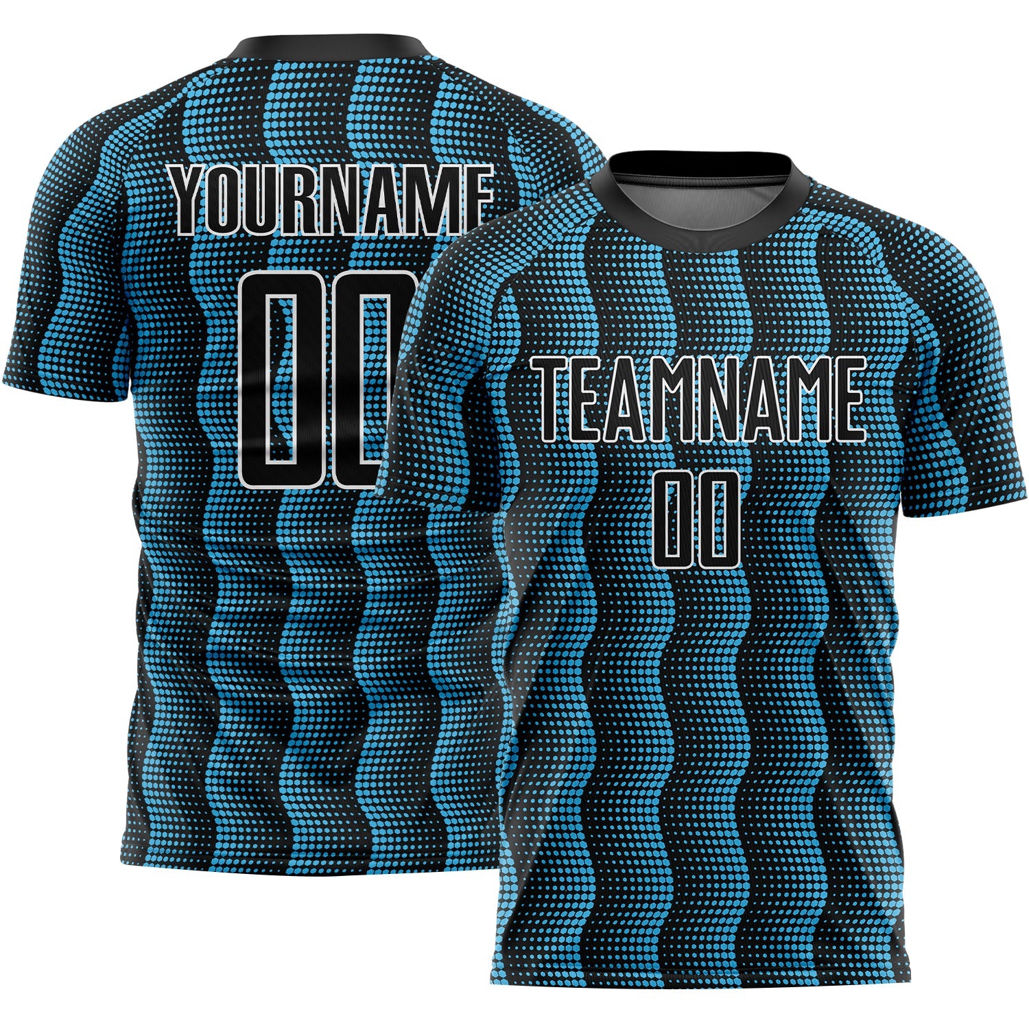 Custom Black Sky Blue-White Geometric Shape Sublimation Soccer Uniform Jersey - Main View
