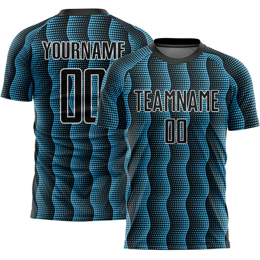 Custom Black Sky Blue-White Geometric Shape Sublimation Soccer Uniform Jersey - Main View