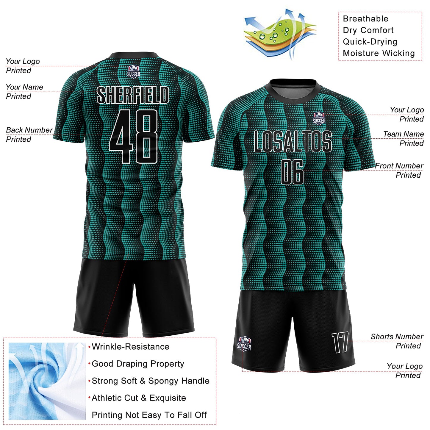 Custom Black Aqua-White Geometric Shape Sublimation Soccer Uniform Jersey view 4