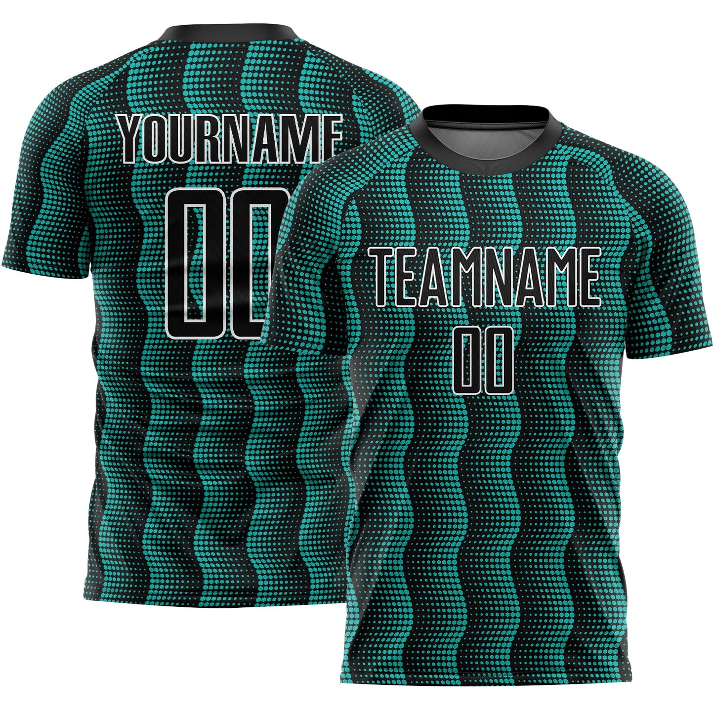 Custom Black Aqua-White Geometric Shape Sublimation Soccer Uniform Jersey - Main View