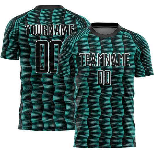 Custom Black Aqua-White Geometric Shape Sublimation Soccer Uniform Jersey - Main View